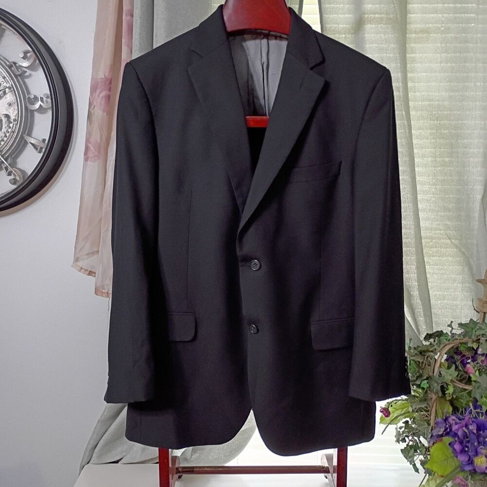 double-label (Jack Victor for SY DEVORE) Mens 44R Black Wool Suit Jacket
